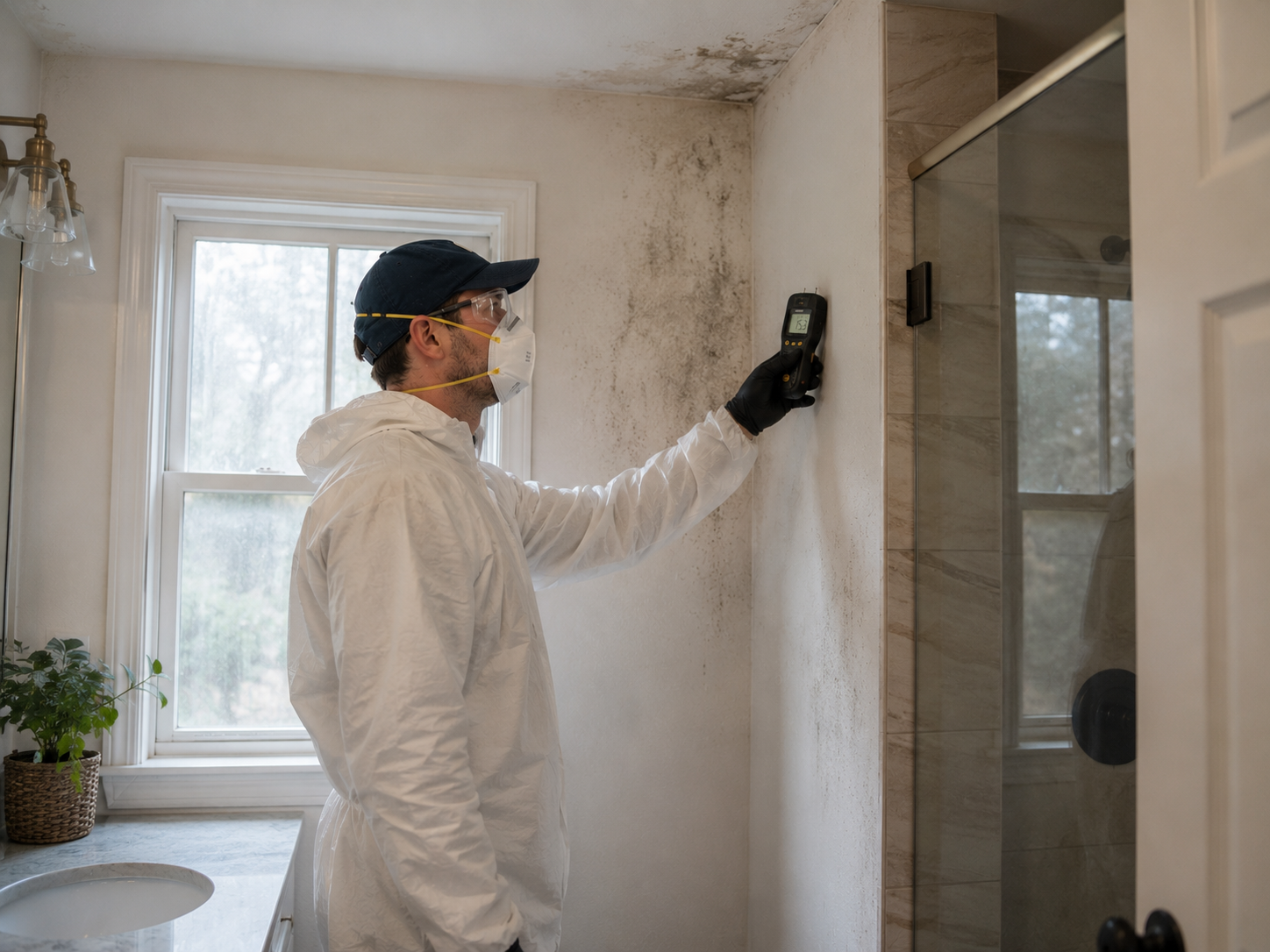 Technician in PPE using a moisture meter on a moldy bathroom wall during a Pensacola home inspection